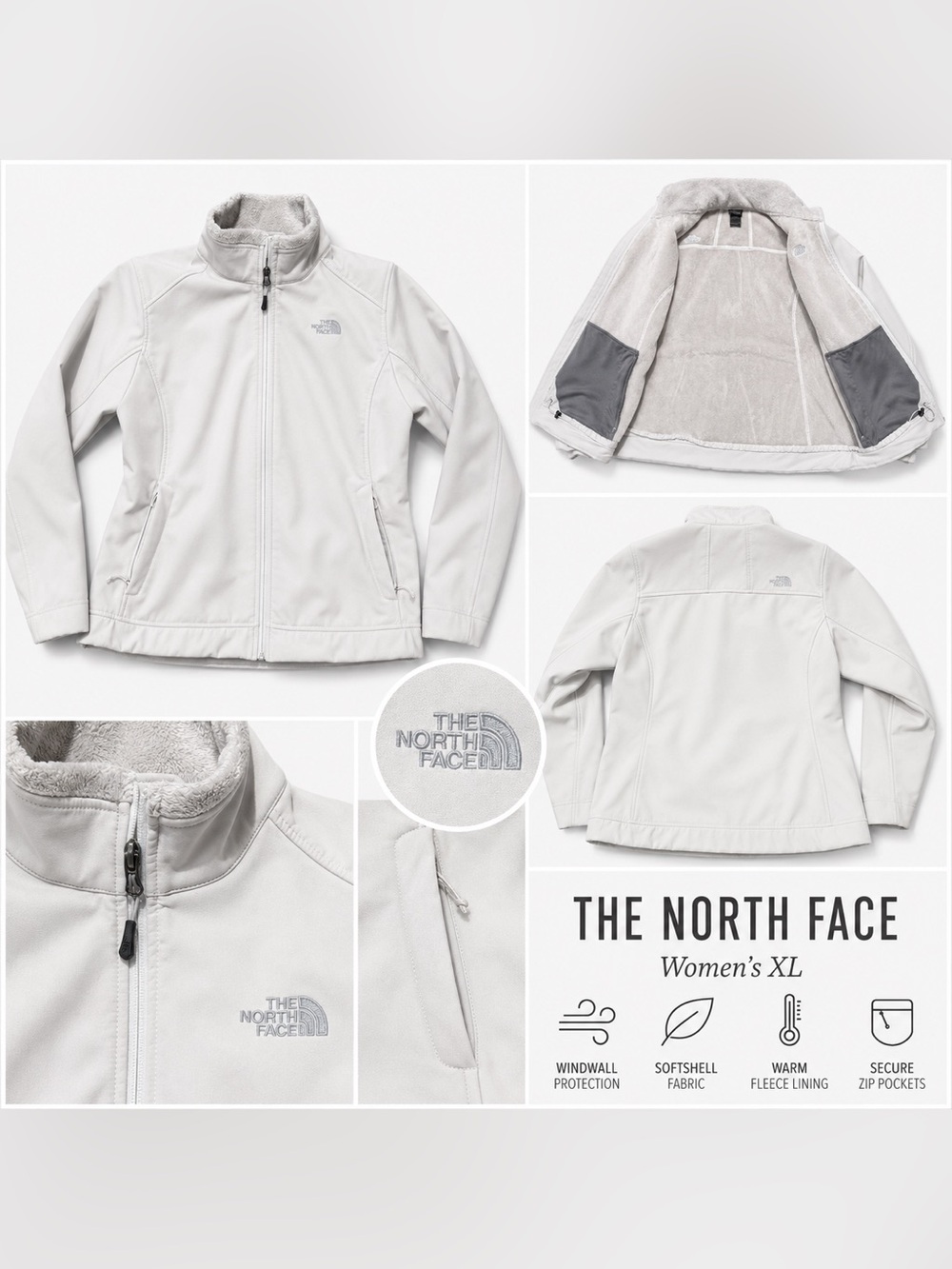 The North Face Women’s XL White Fleece-Lined Softshell Jacket Full Zip WindWall